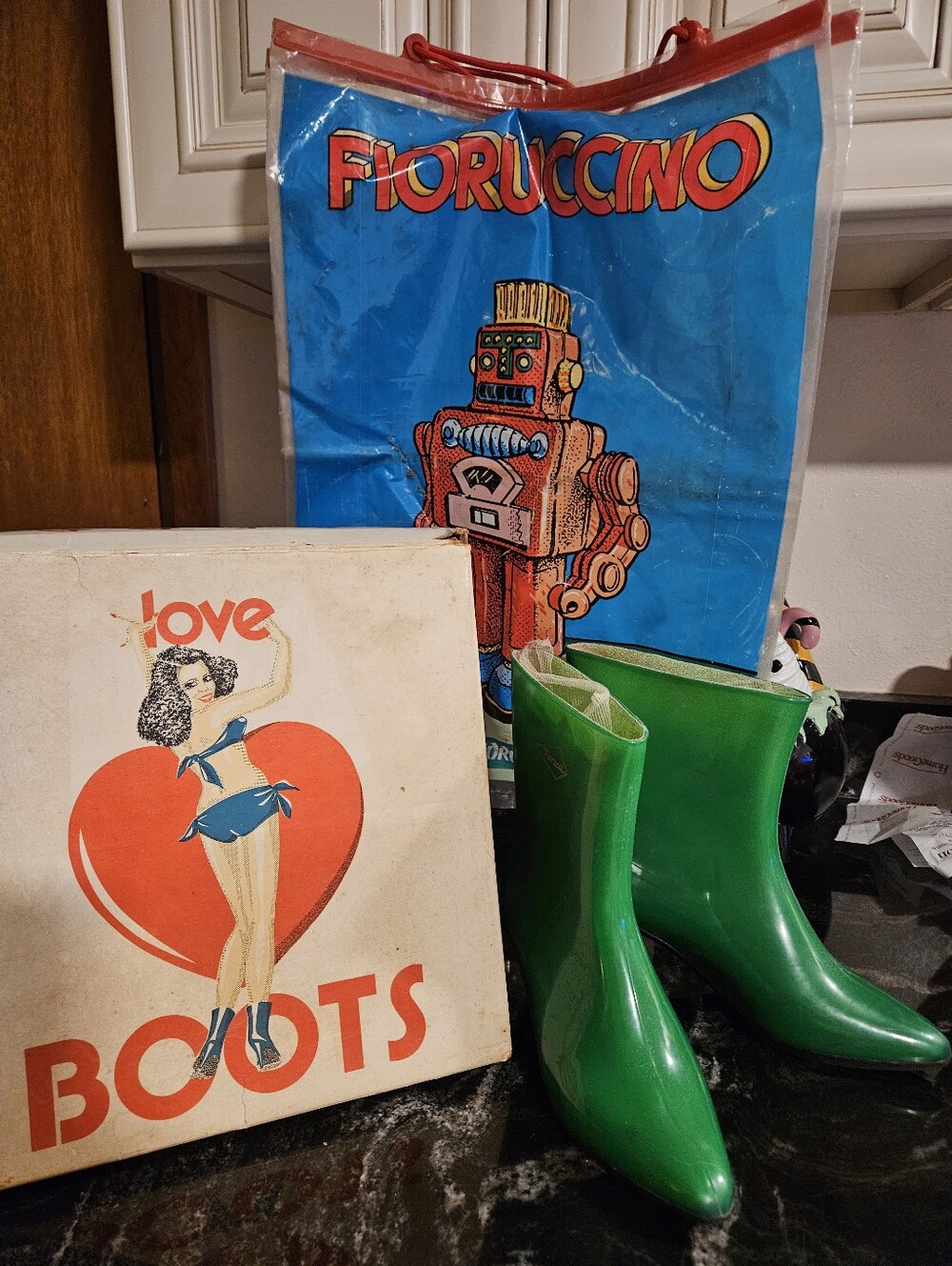 Deadstock Vintage 1980s FIORUCCI Green Rubber Love Boots Set Size 38 US 7.5 8